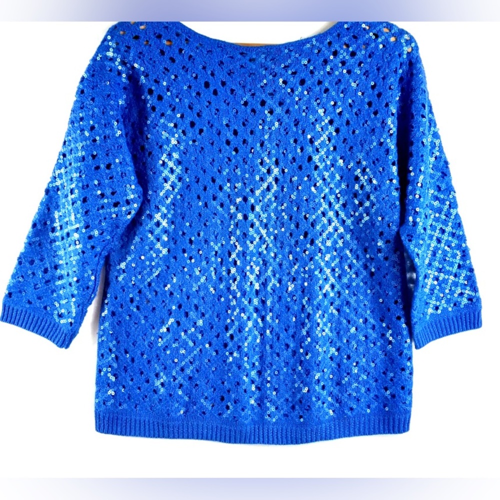 Chico’s Sequin Sweater Open Knit Sasha 1/M (8-10) NWOT Blue Glam Festive